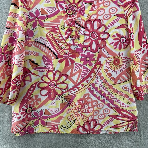 Choices Top Women M Floral Orange Yellow Linen Pullover 3/4 Sleeves Notch Neck - Picture 4 of 14